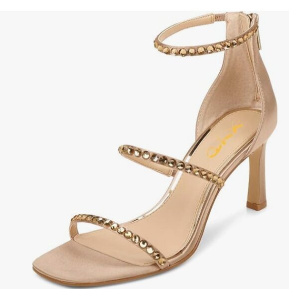 XYD Champagne Rhinestones Studded Open Square Toe Mid Heel Ankle Strap Sandals - Picture 1 of 8